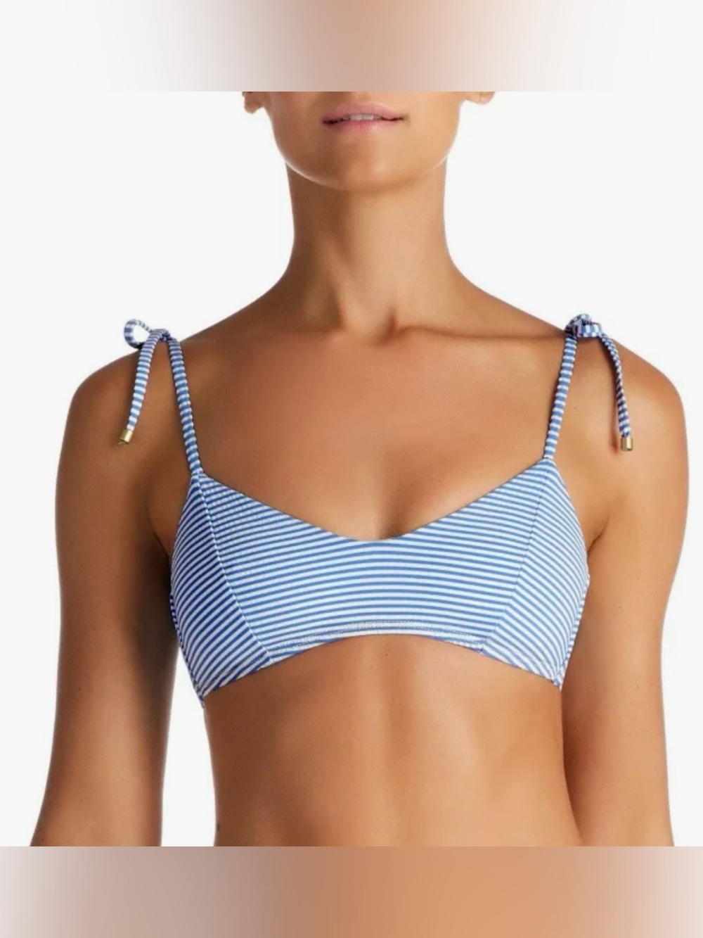 Vitamin A Swim Blue and White Striped Tie-Shoulder Zuma Bralette Top SMALL